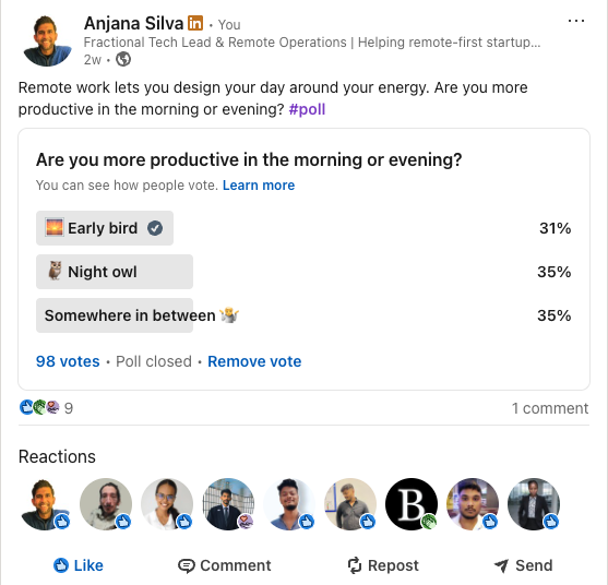 LinkedIn poll showing remote workers' peak productivity hours — 31% early bird, 35% night owl, 35% somewhere in between.